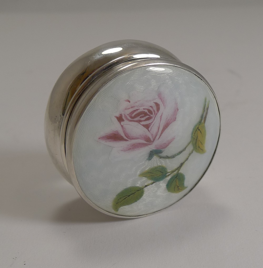 large antique english sterling silver and guilloche enamel pill box 1918