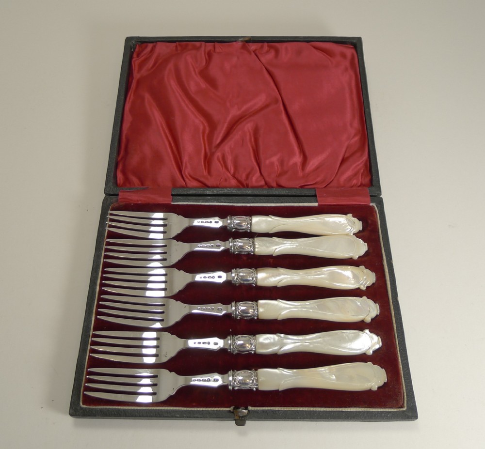 antique english sterling silver mother of pearl cake or desert forks 1862