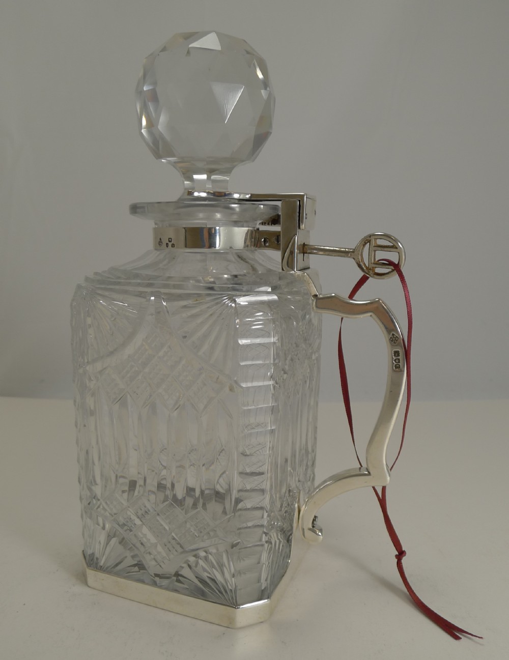 antique english cut crystal and sterling silver single locking decanter 1898