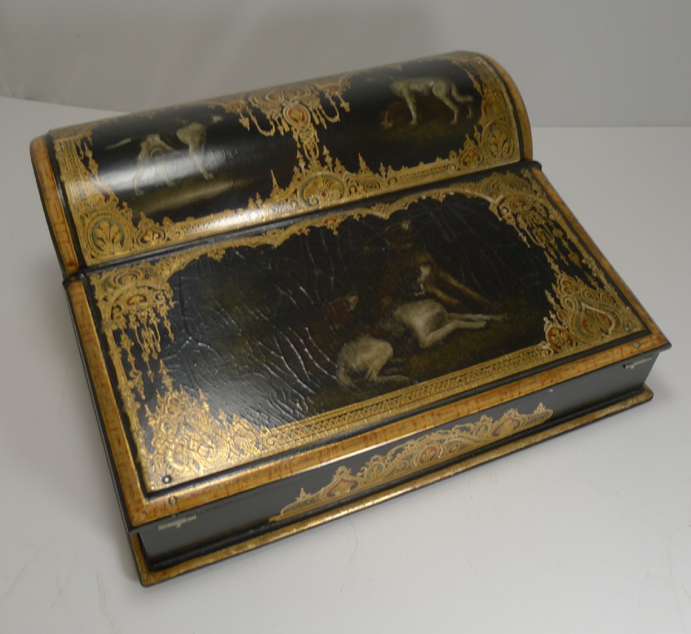 exquisite antique english hand painted papier mache writing box lap desk c1850 dogs