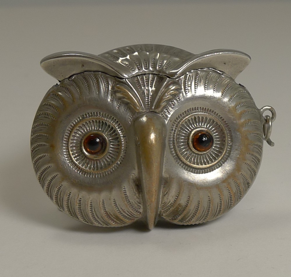 antique english figural vesta match strike owl with glass eyes c1890