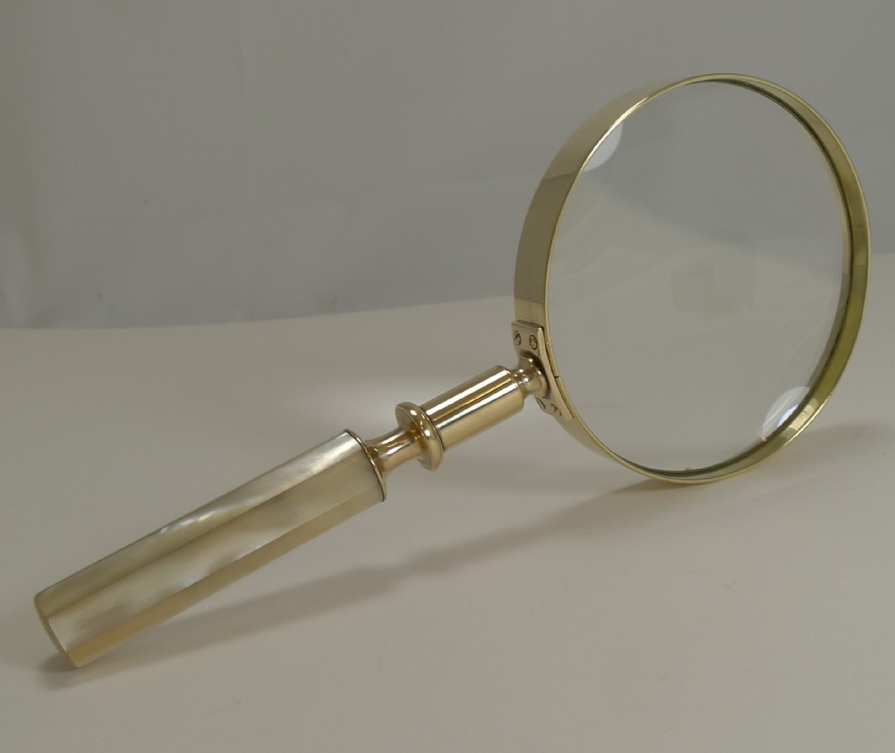 large antique english brass and mother of pearl magnifying glass c1890