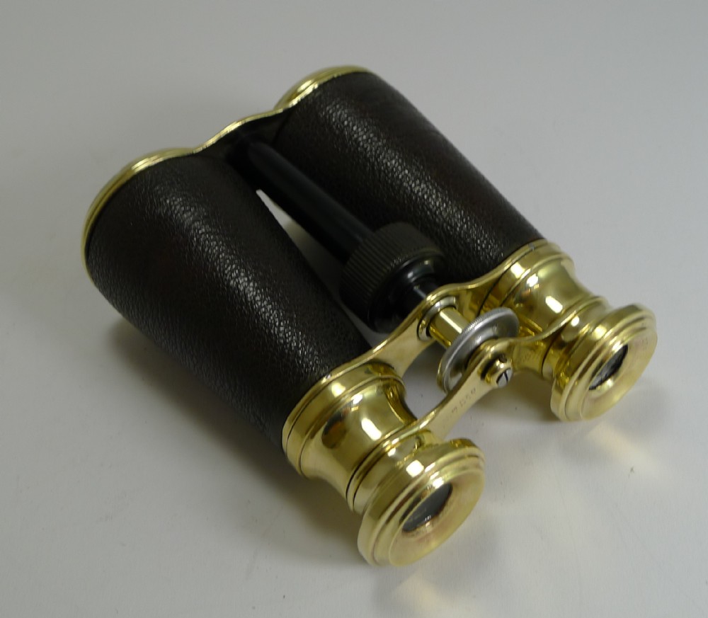unusual antique english brass and leather binoculars pull out mechanism