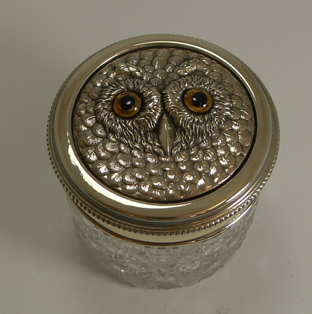 antique glass and brass jar owl with glass eyes