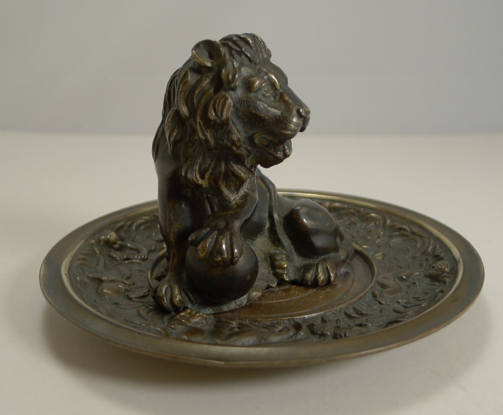 fine and grand antique english bronze dish lion c1860