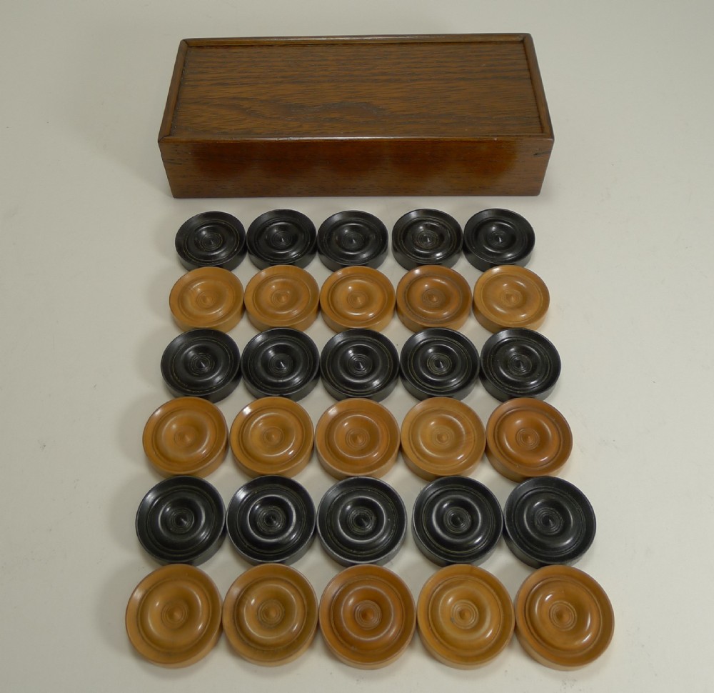 antique english boxed set ebony boxwood draughts checkers backgammon counters c1900