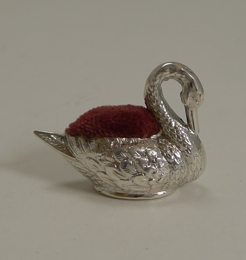 tiny antique english sterling silver swan pin cushion 1908