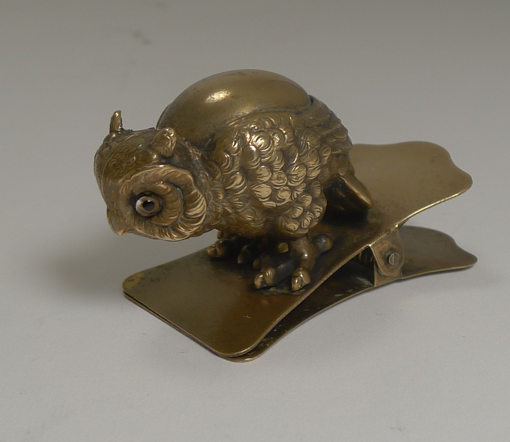 charming antique novelty brass paper letter clip owl with glass eyes