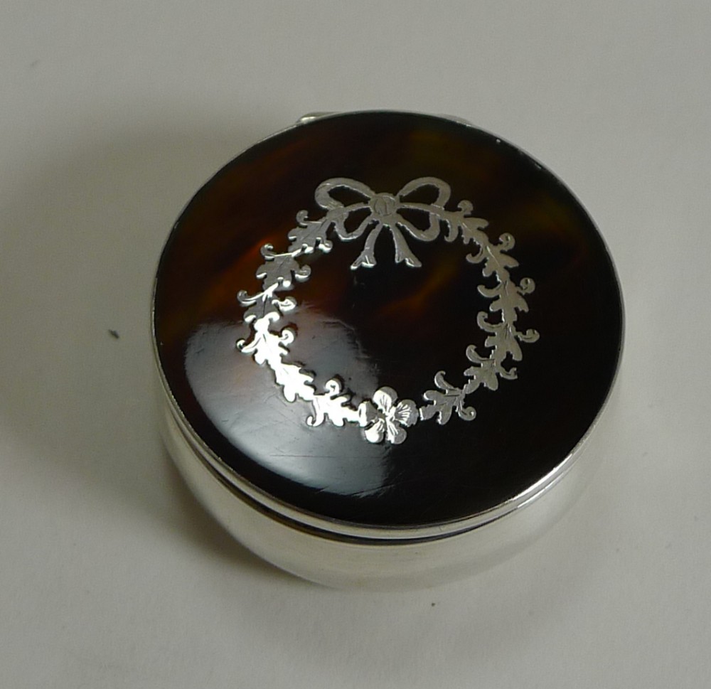 antique english sterling silver and tortoiseshell pill box 1901