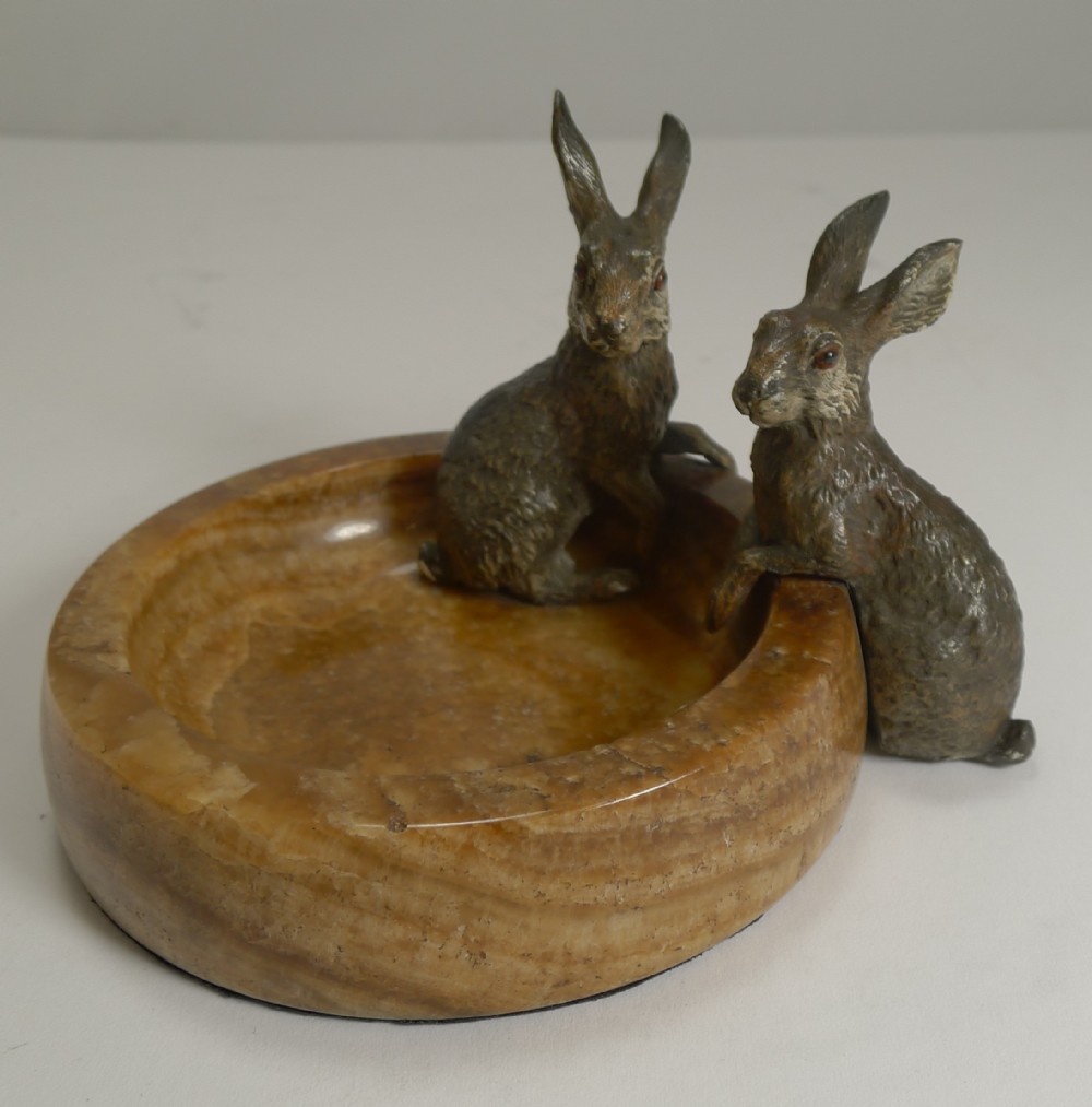 fabulous austrian cold painted bronze rabbits or hares on onyx dish c1900