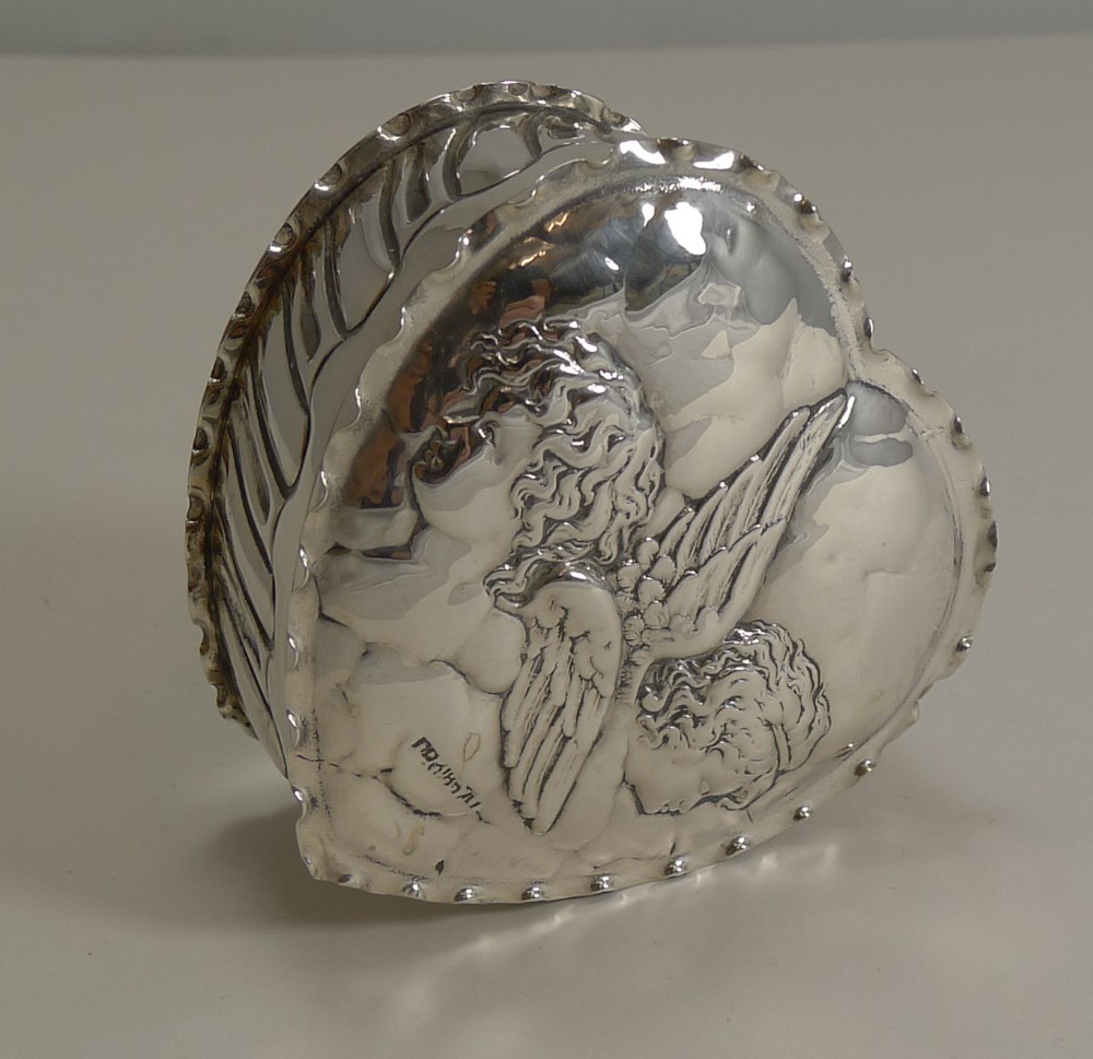 large antique english sterling silver heart box cherubs angels 1898