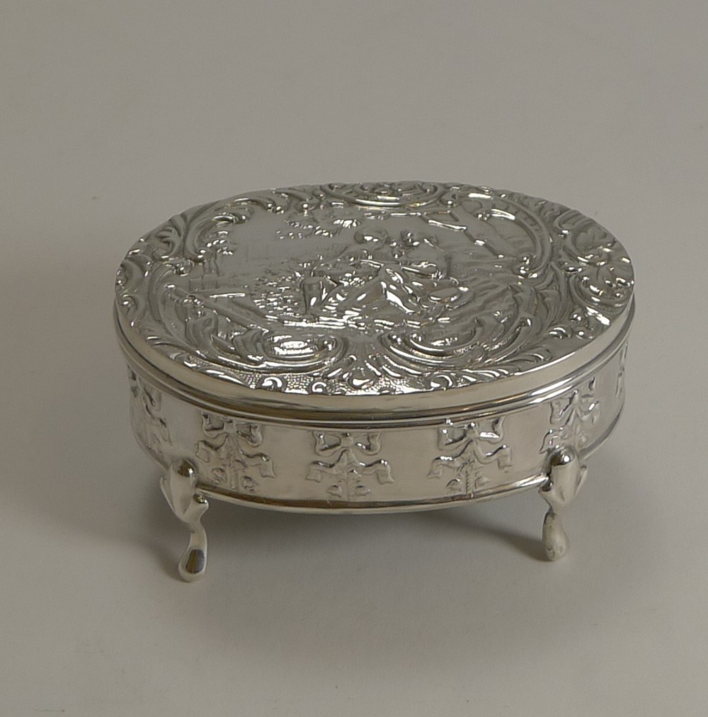 antique english sterling silver figural jewellery trinket box 1905