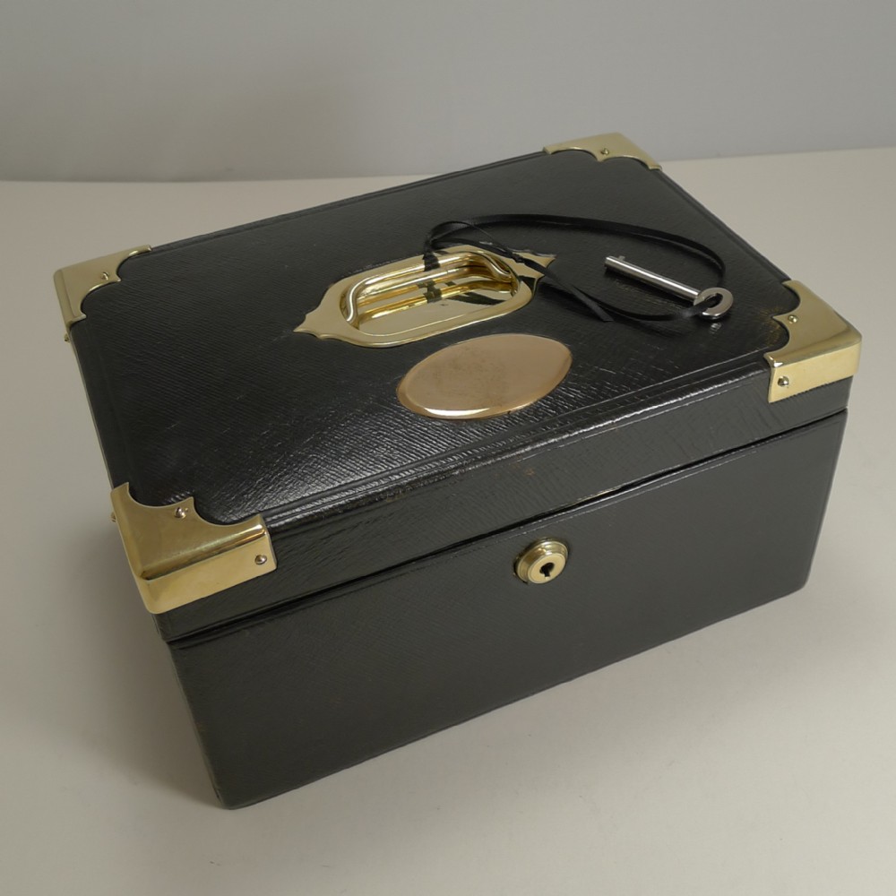 smart antique english brass mounted leather jewelry box c1890