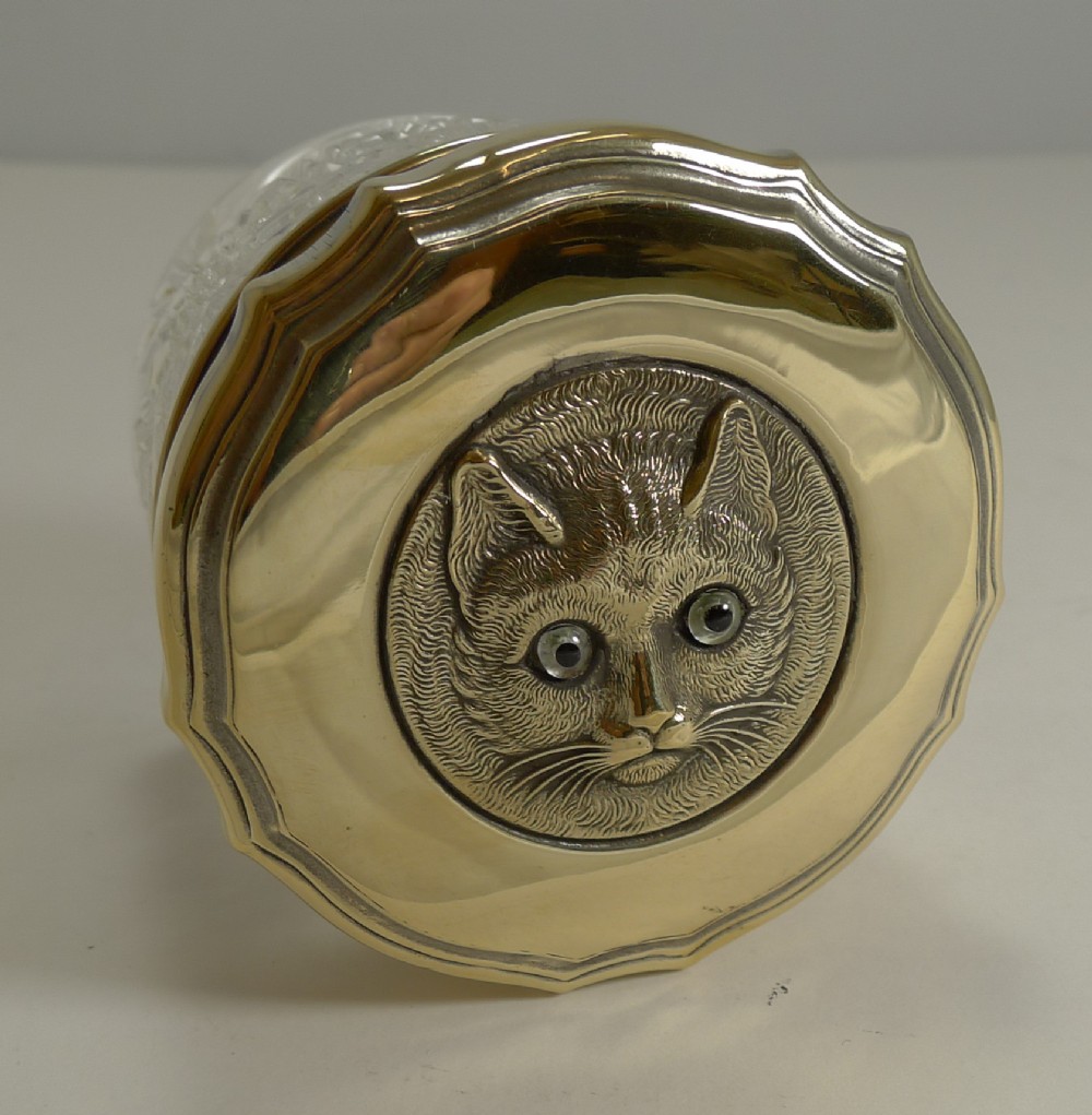 antique english glass jar cast brass cat with glass eyes 1911