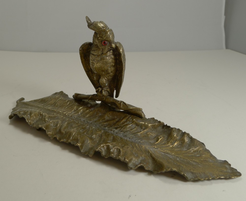 magnificent antique english novelty inkwell pen tray parrot with glass eyes c1880