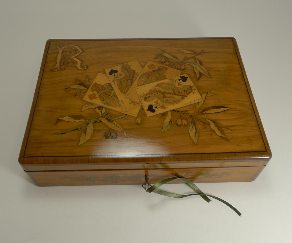 fabulous marquetry inlaid olive wood games playing cards box french c1880
