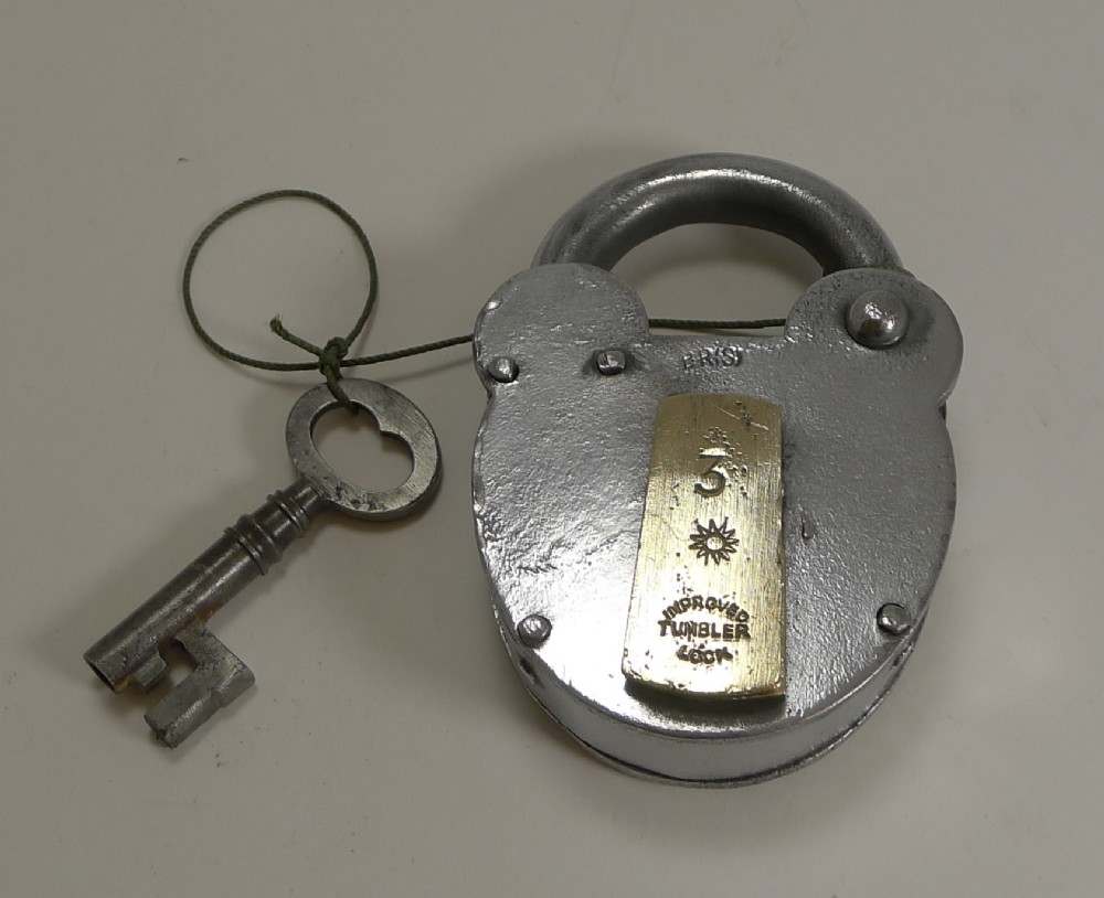 Large Antique English Polished Steel And Brass Padlock With