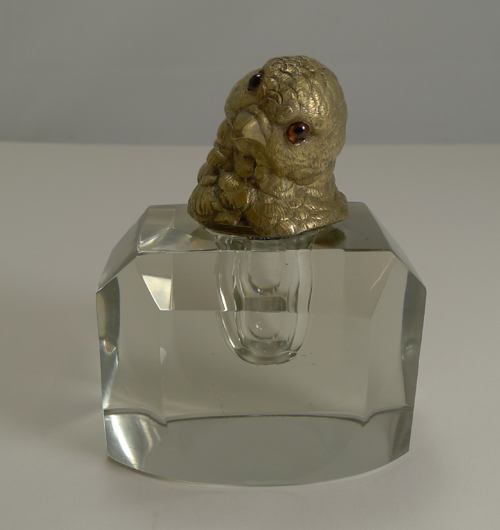 magnificent art deco cut crystal inkwell figural cast gilded bronze chick with glass eyes