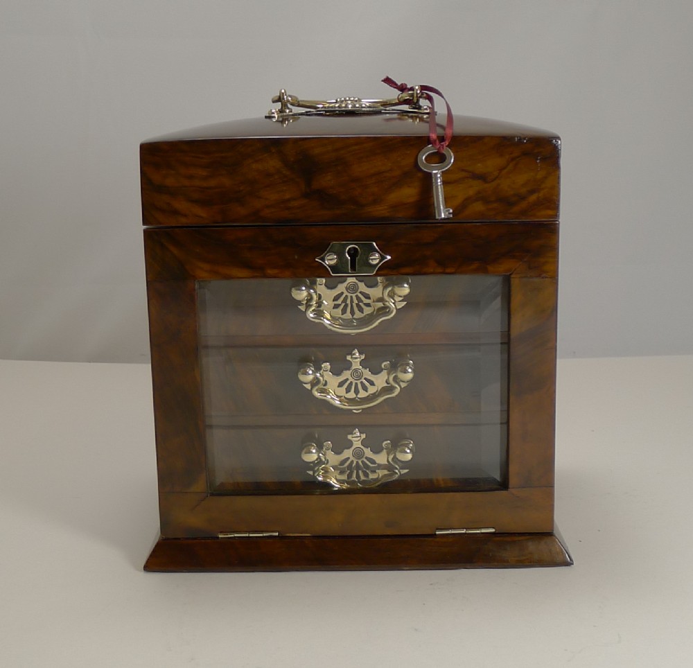 antique english walnut glass jewelry box c1890