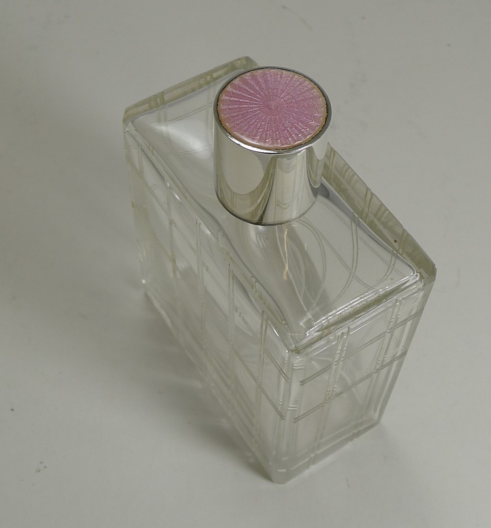 large sterling silver and guilloche enamel topped cologne scent bottle