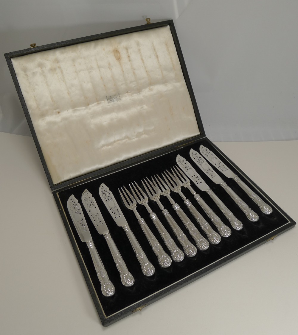 set six antique english sterling silver fish knives and forks 1865