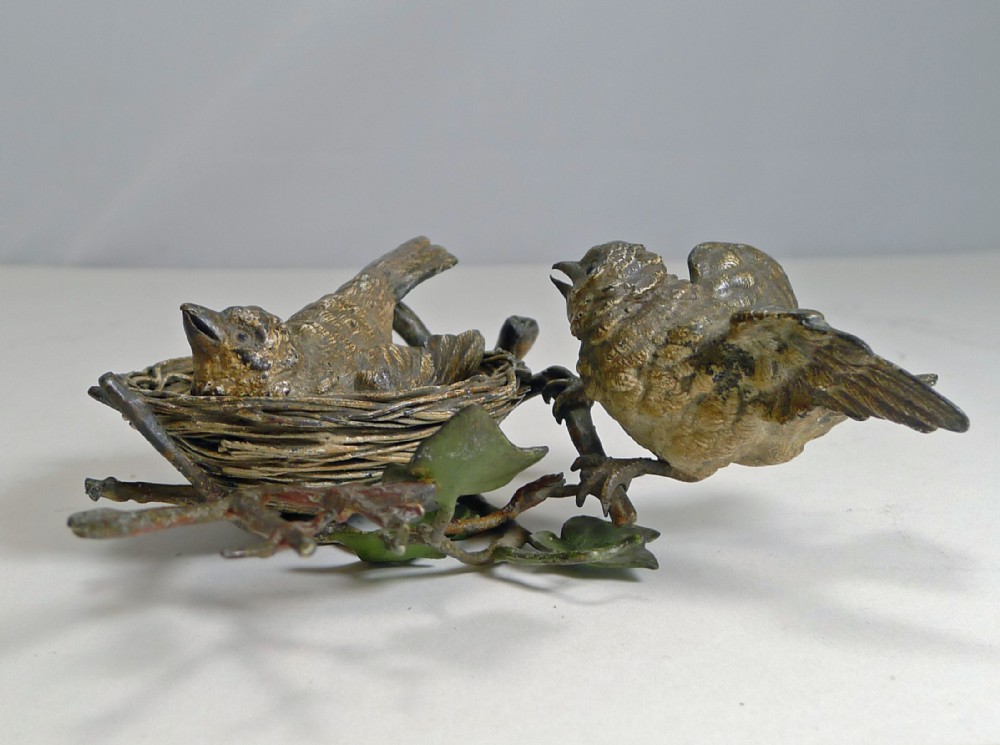 charming antique austrian cold painted bronze birds and birds nest c1900