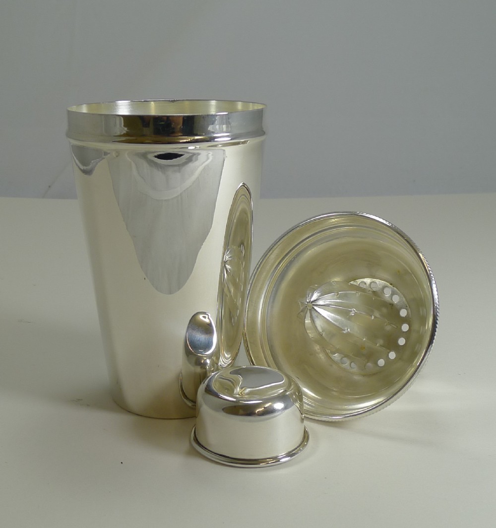 english art deco silver plate cocktail shaker with lemon squeezer c1930