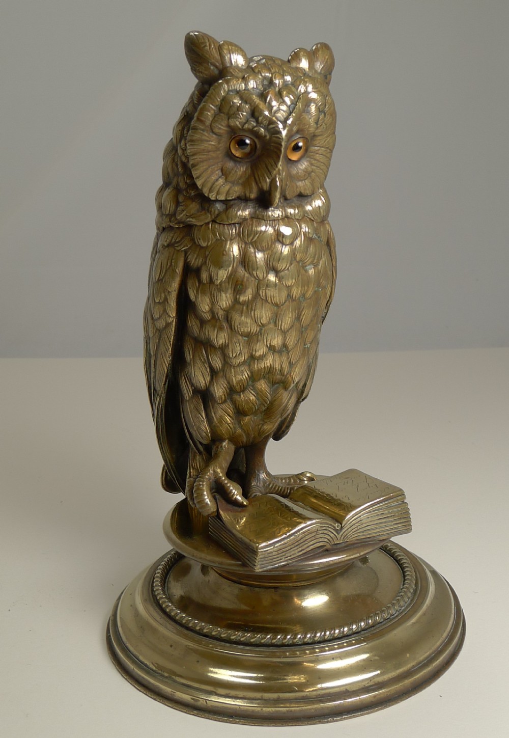 finest large antique austrian brass novelty inkwell reading owl c1890