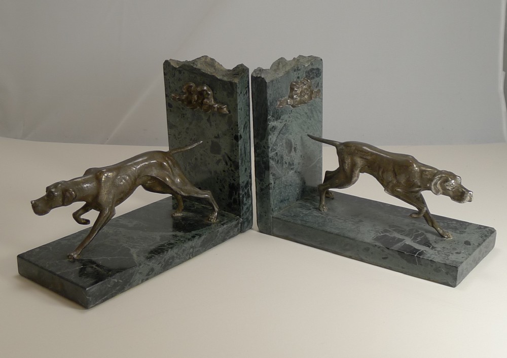 pair english vintage granite and spelter dog bookends pointer