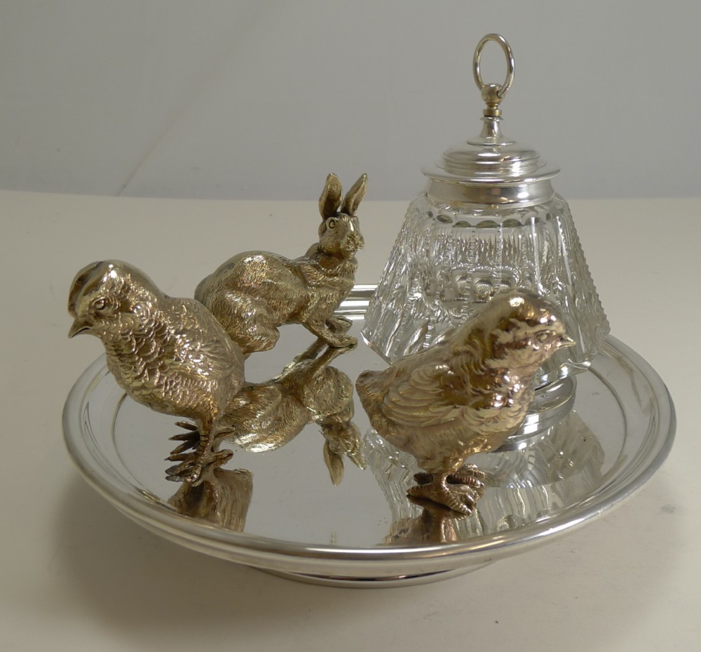 magnificent antique english inkwell rabbit and chicks c1890