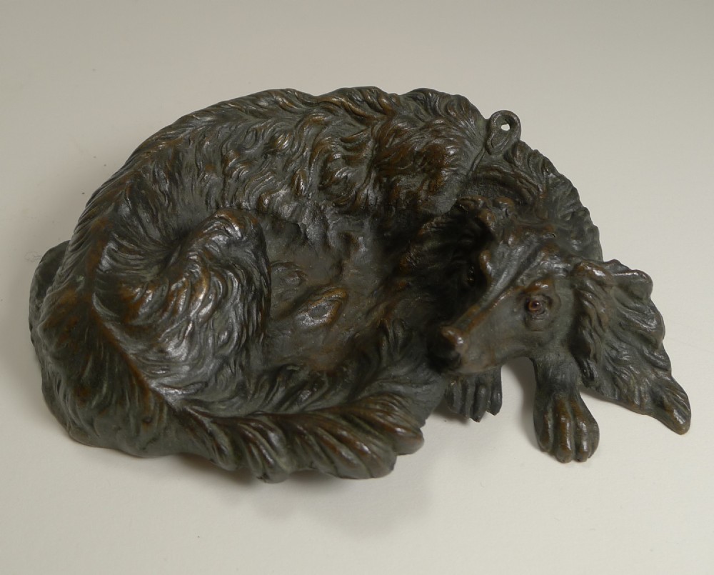 charming antique bronze vide poche dish dog with glass eyes