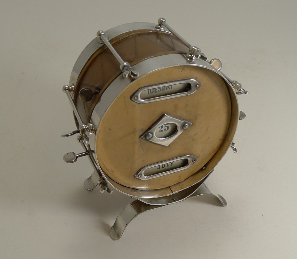 rare novelty leather and nickel plate drum perpetual calendar c1910