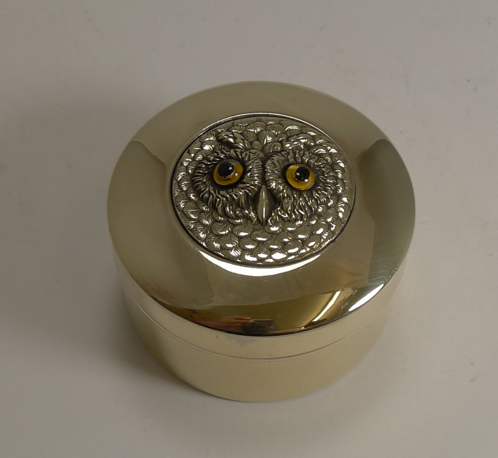 antique english brass box owl with glass eyes c1900