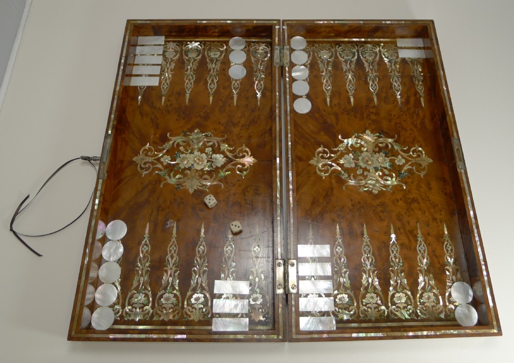 exquisite english mother of pearl inlaid amboyna backgammon board c1890