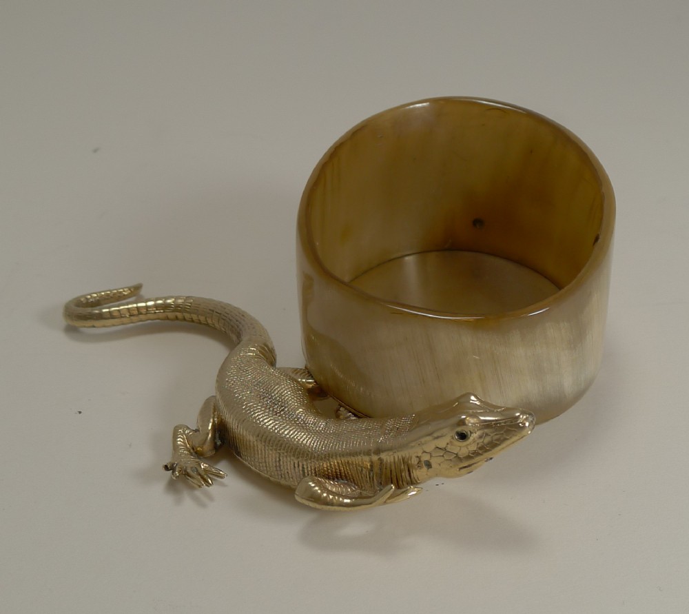 antique english horn gold plated novelty desk tidy lizard with glass eyes c1880