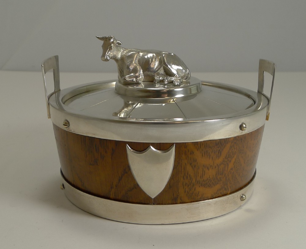 antique english oak and silver plate butter dish c1890 cow