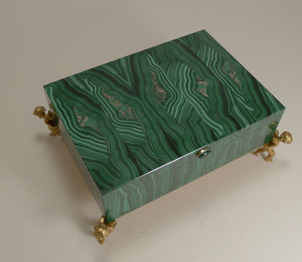 fine vintage malachite intarsia jewellery box with gilded bronze cherubs