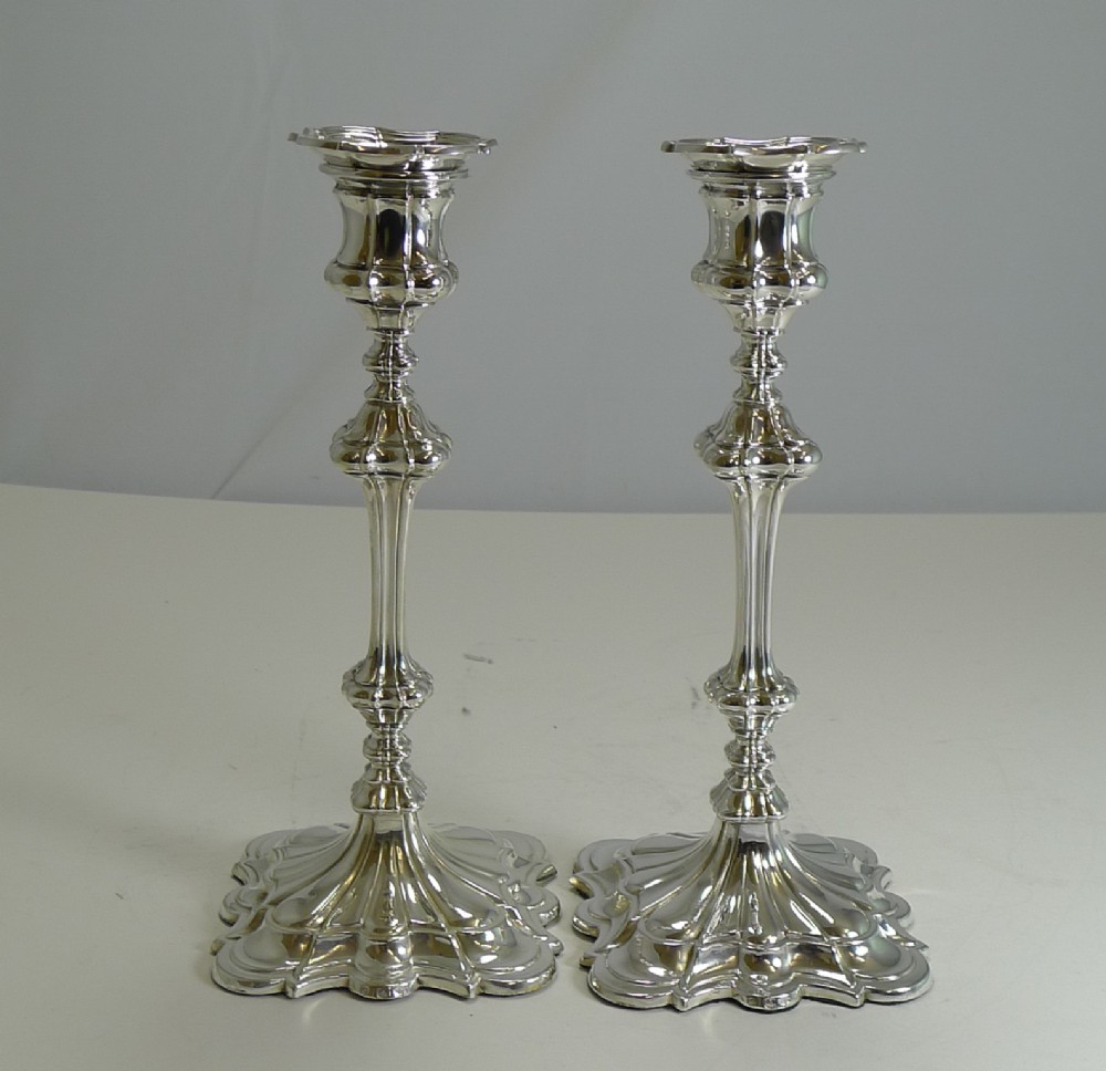 smart pair antique english silver plate candlesticks by elkington co 1845