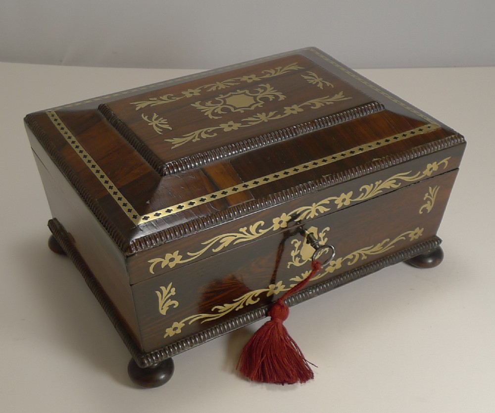 antique english cut brass inlaid rosewood jewellery desk box c1820