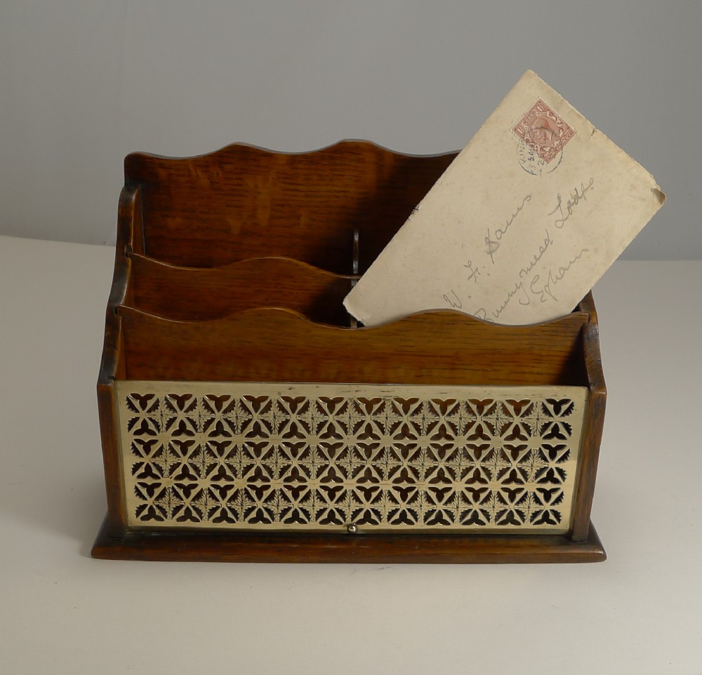 antique english oak and brass letter stationery box holder c1890