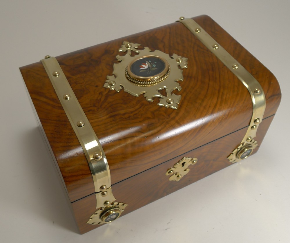 antique english burl walnut jewellery box brass pietra dura mounted c1860
