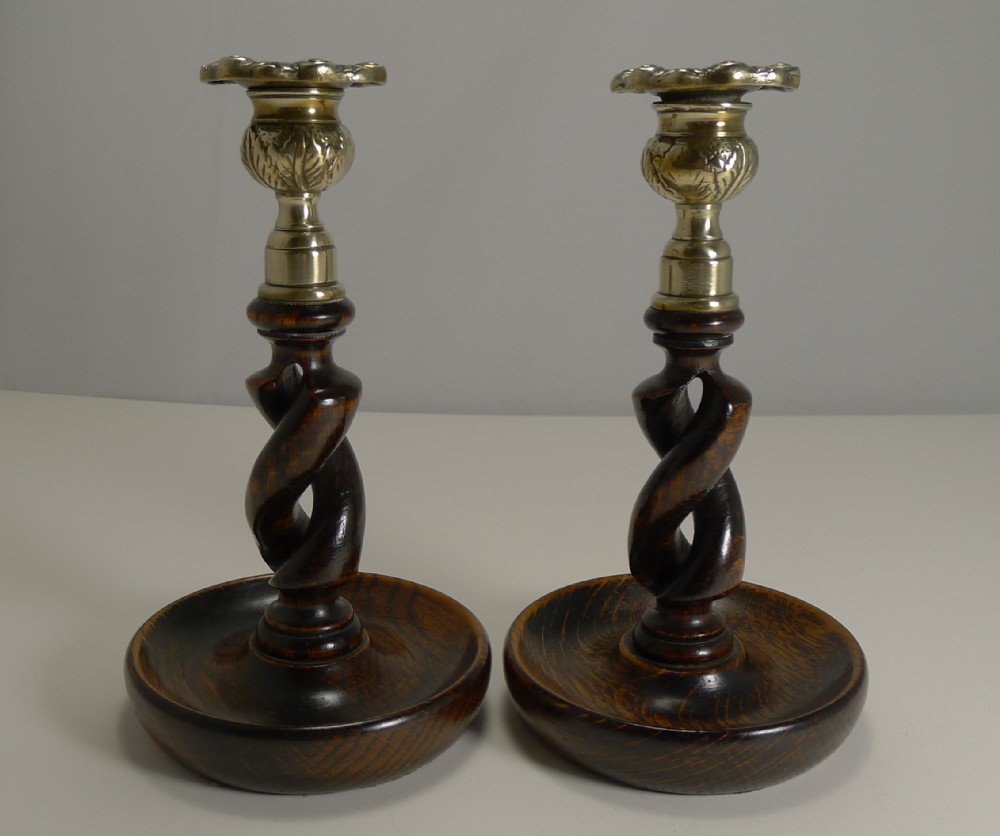 pair 8 antique english oak open barley twist candlesticks brass thistle tops