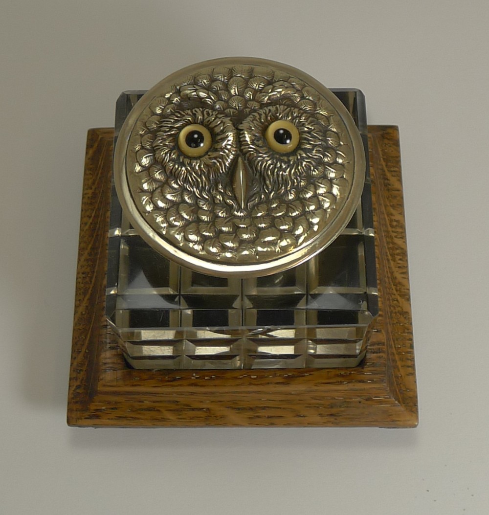 antique english novelty cut crystal and brass inkwell c1890 owl