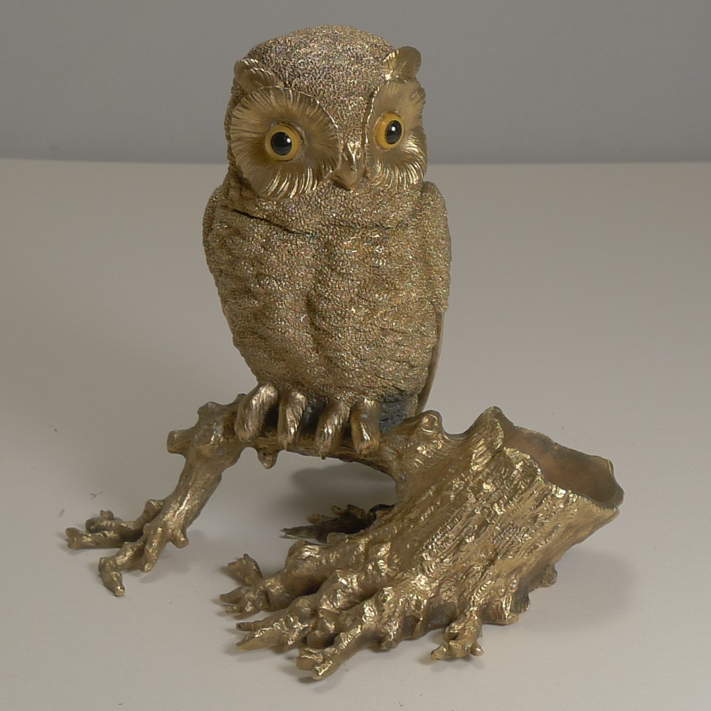 finest antique english gilded bronze novelty inkwell owl with glass eyes c1890