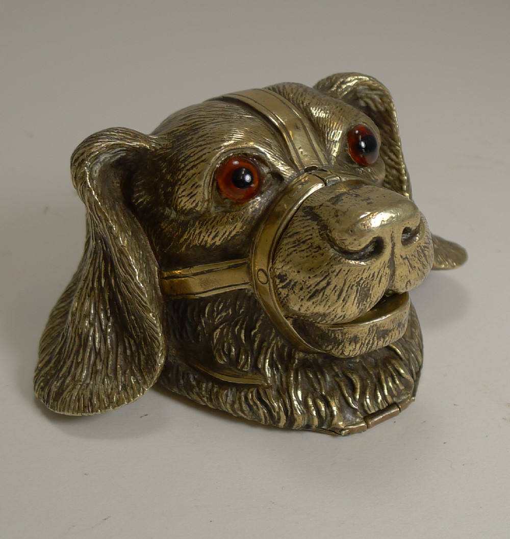 antique english novelty figural brass inkwell glass eyes c1880