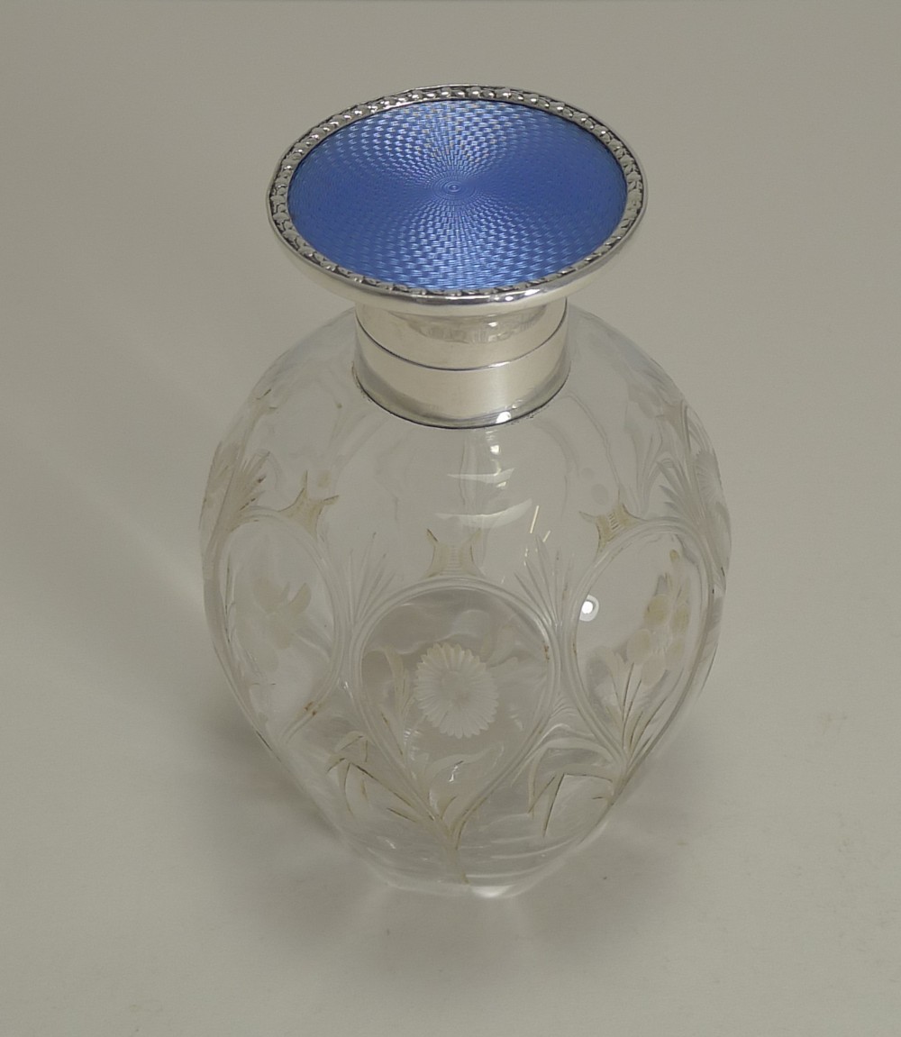 pretty antique english perfume bottle sterling silver and guilloche enamel top