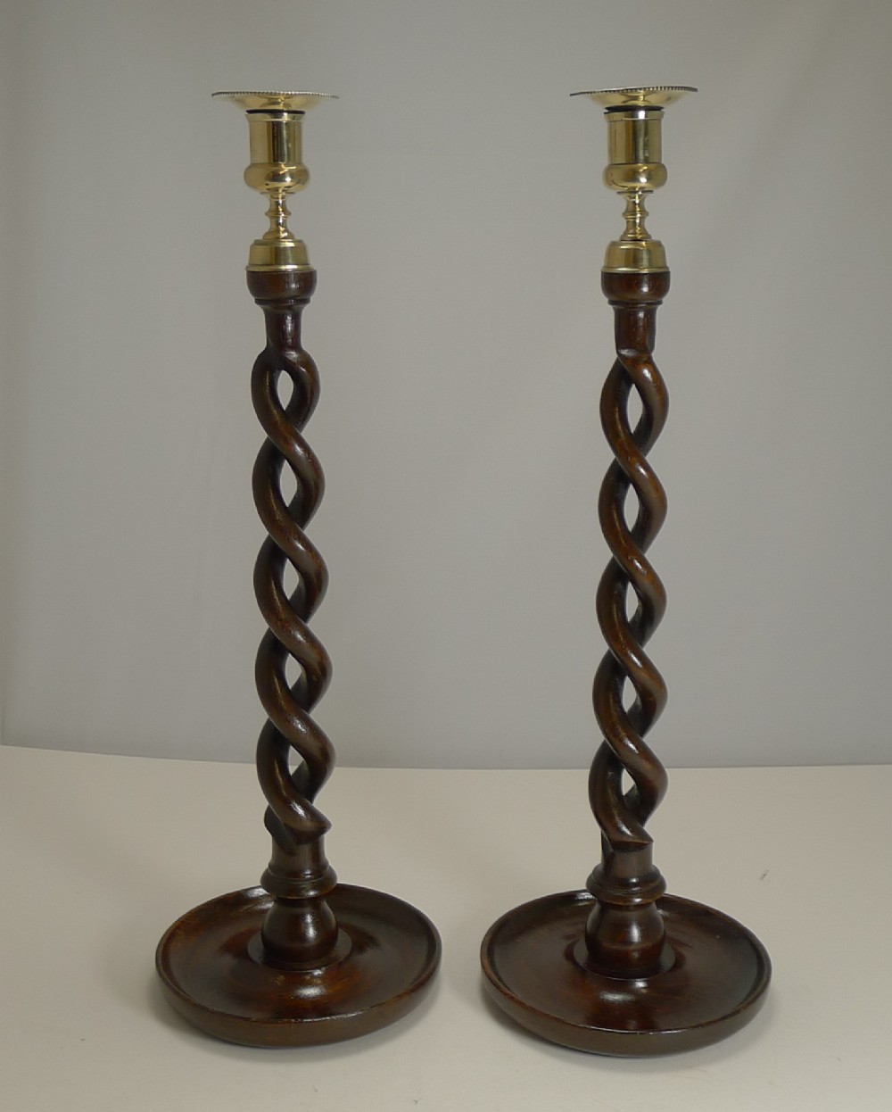 towering pair 18 12 solid oak open barley twist candlesticks c1900