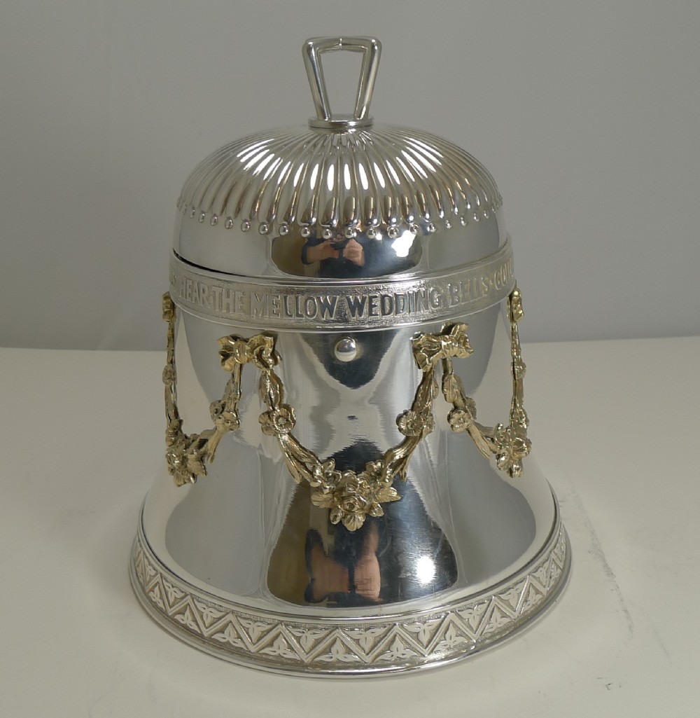 rare antique english wedding bell biscuit box in silver plate reg 1883