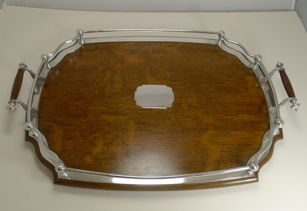 antique english oak and silver plate drinks cocktail tray c1900