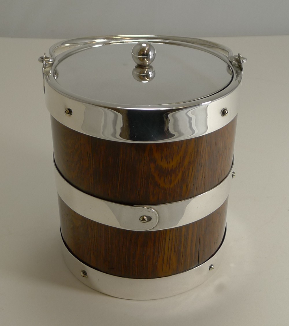 antique english oak and silver plate biscuit box ice bucket c1900